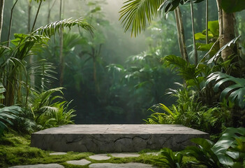 Podium background product green nature forest stand white plant. Cosmetic background product podium display wood jungle studio garden beauty platform presentation mockup pedestal stone tropical