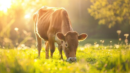 Wall Mural - large brown cow grazing on grassy pasture in bright sunlight
