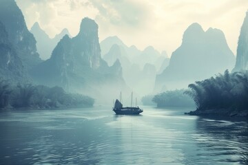 Wall Mural - Landscape of Guilin, Li River and Karst mountains. Located near Yangshuo, Guilin, Guangxi, China - generative ai