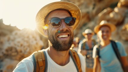 A man, dressed in casual attire and sporting a hat and sunglasses, smiles widely while exploring a rugged outdoor landscape, conveying joy and adventure.