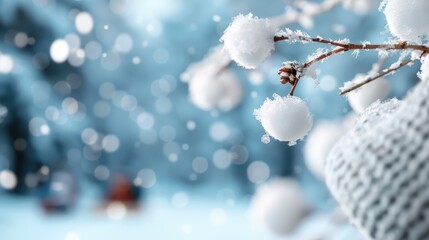 A snow-covered branch adorned with delicate snowflakes, creating a picturesque winter scene with a beautiful display of nature's tranquility and the charm of the cold season.