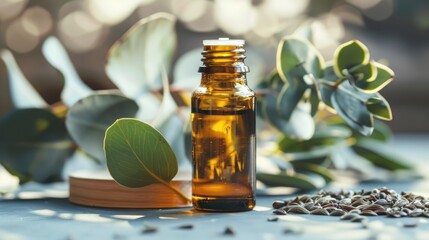 Wall Mural - Eucalyptus Seeds and Essential Oil Bottle with Leaves in Natural Light