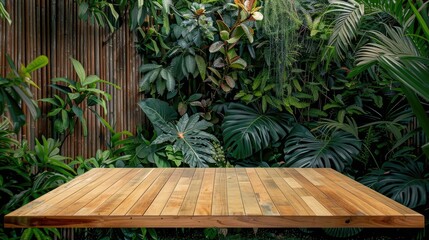 Sticker - Empty wood table for product display near Leucaena leucocephala green foliage