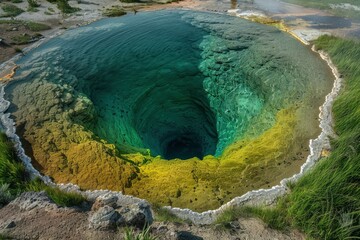 Wall Mural - Morning Glory Pool, landscapes, wild nature, geysers and hydrothermal features of Yellowstone National Park, Wyoming, USA - generative ai