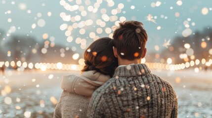 A couple enjoys a romantic moment bundled in warm clothes as they watch fireworks illuminate the wintry skies, capturing the essence of love and celebration during the festive season.