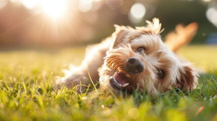 A cheerful dog lies on the grass, basking in the sunshine. The dog's expression of pure joy is complemented by the bright, sunny background.