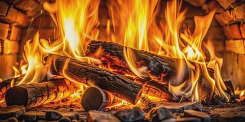 Close up of fire flames in fireplace with woods and rocks, fire, flames, fireplace, close up, burning, heat, cozy, wood, rocks, warm