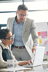 Poster - Woman, laptop and man with coaching, reading or check for progress, support or review for report. Business people, internship and employee by computer for assessment, inspection and point at agency