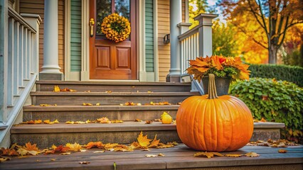 Autumn pumpkin on porch of house decorated for Halloween , Halloween, decor, decoration, autumn, pumpkin, porch, house