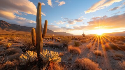 cacti in a desert landscape are illuminated by a brilliant sunset, the scene emphasizing the stark b