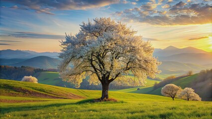 Landscape painting of a blooming tree in a field with hills in the background, bloom, tree, pink, purple, flowers, landscape, painting