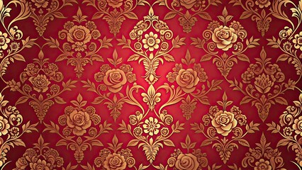 Red and gold damask pattern with intricate roses design, vintage, elegant, luxury, floral, ornate, decorative