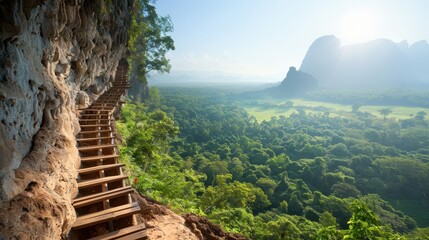 Wall Mural - Wooden steps carved into a cliffside provide a breathtaking overlook of a lush, green valley, evoking a sense of adventure and the beauty of nature in a serene landscape.