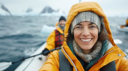 A smiling woman is kaying in icy waters with a background of icebergs, wearing an orange jacket, a beanie, and a life vest, embracing the chill and adventure.