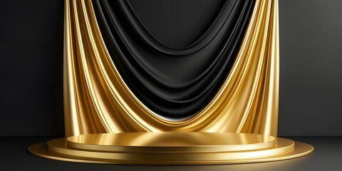 Wall Mural - Gold podium background product silk luxury black golden display silk premium stage. Background luxury studio gold pedestal luxury gold and black podium presentation.