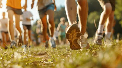 A close-up image focusing on the feet of marathon runners hitting the grassy ground, capturing the vigor and dynamic energy of the race under a clear, sunny sky.