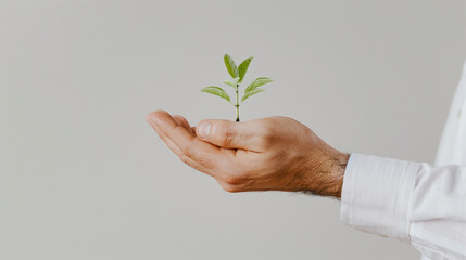 a man's hand holding a small plant, carbon reduction icon, symbolizing the reduction of the carbon footprint