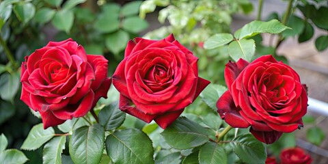 Wall Mural - Three red roses surrounded by lush green leaves in a home garden setting , roses, flowers, red, green, nature, home, garden