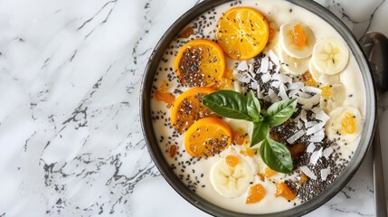 Poster - Nutritious smoothie bowl with kumquat coconut chips and chia seeds on marble surface