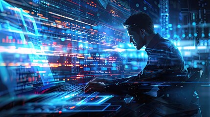 man working on a computer surrounded by holographic digital data and code, symbolizing high-tech pro