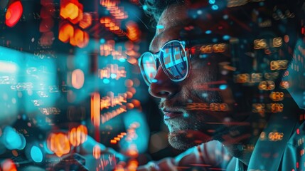 close-up of a man wearing glasses reflecting code and data, emphasizing the focus on programming and