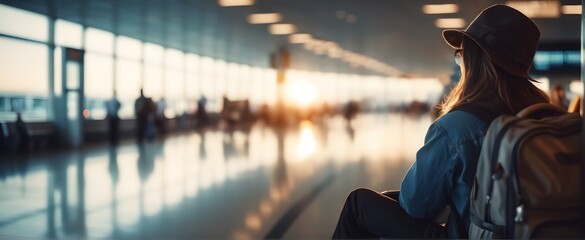 Tourist traveler waiting for the flight at departure terminal airport, immigration concept.