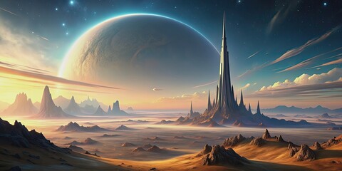 alien landscape with a towering spire against a giant planet backdrop at dawn, embodying a surreal a