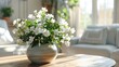 © Sinechana - 4. Vase of jasmine flowers on a wooden table in the living room, the white blossoms adding a touch of elegance and freshness to the home setting