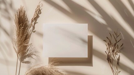 2. A minimalist invitation mockup with a blank greeting card placed on a beige table background. Dry grass and pampas plants are artfully arranged around the card, creating a flat lay scene with soft