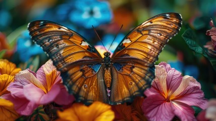 Wall Mural - Vibrant butterfly perched on colorful flowers in sunlight