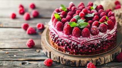 Wall Mural - Berry cake with layers and fresh raspberries on wooden surface