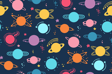 Wall Mural - Fantasy planets seamless pattern. Abstract silhouette shape planets boundless background. Fantastic galaxy endless cosmos design for paper print, fabric textile, wrapper space backdrop template vector