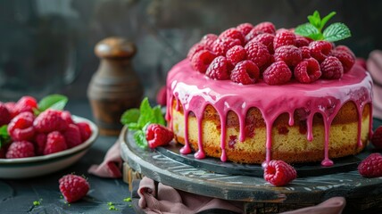 Wall Mural - Raspberry-topped cake with pink icing on wooden board