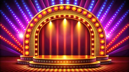 Retro show stage with light frame decoration. Game winner casino vector background. Illuminated of shine casino podium illustration