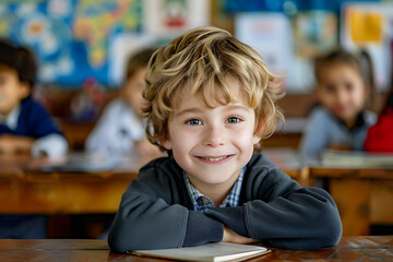 Wall Mural - happy pupils of primary school in classroom