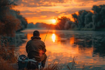 A man sits on the bank of a river, fishing