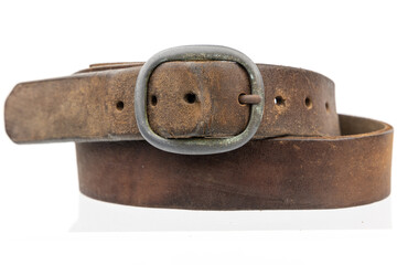 Old Retro Real natural Leather belt. Leather brown belt on white background, vintage retro leather belt