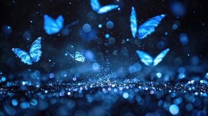 Wall Mural - a blue butterfly is flying in the air with other butterflies