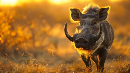 warthog in the wild during golden hour