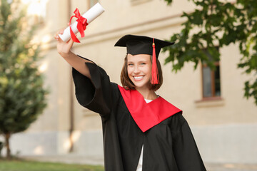 Canvas Print - Happy female graduating student with diploma outdoors