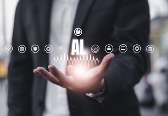 Wall Mural - businessman hand holding ai virtual screen showing with data and algorithms database concept artific