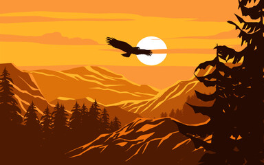 Wall Mural - Mountain sunset illustration with flying eagle