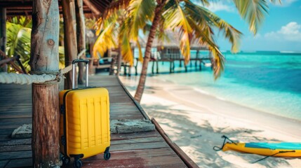 Wall Mural - Yellow travel suitcase on bungalow patio by the ocean beach with palm trees. Summer vacation trip and tour concept