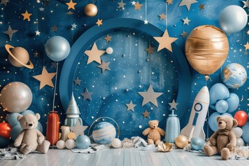 Wall Mural - A room with a blue background and a large round wall with stars and a rocket