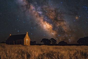 Wall Mural - A small, old church stands in a field of tall, dry grass