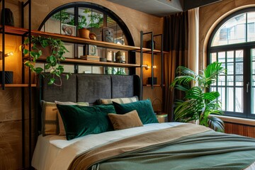 Luxury bedroom interior design with green pillows on the bed