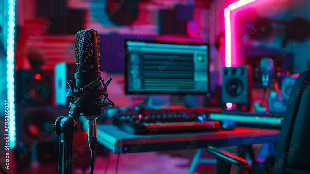 A professional studio setup with a microphone, monitor, and speakers ...