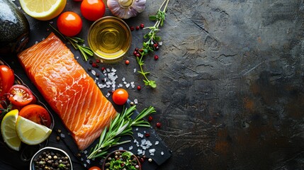 Wall Mural - Salmon fillet with ingredients on dark background