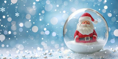 Sticker - Christmas transparent snowball with santa claus inside. Holiday Christmas background with elegant festive snowy glass ball. Happy New Year and Merry Christmas. Xmas snow globe