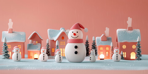 Wall Mural - Miniature snowmen and festive houses set in a snowy Christmas village.